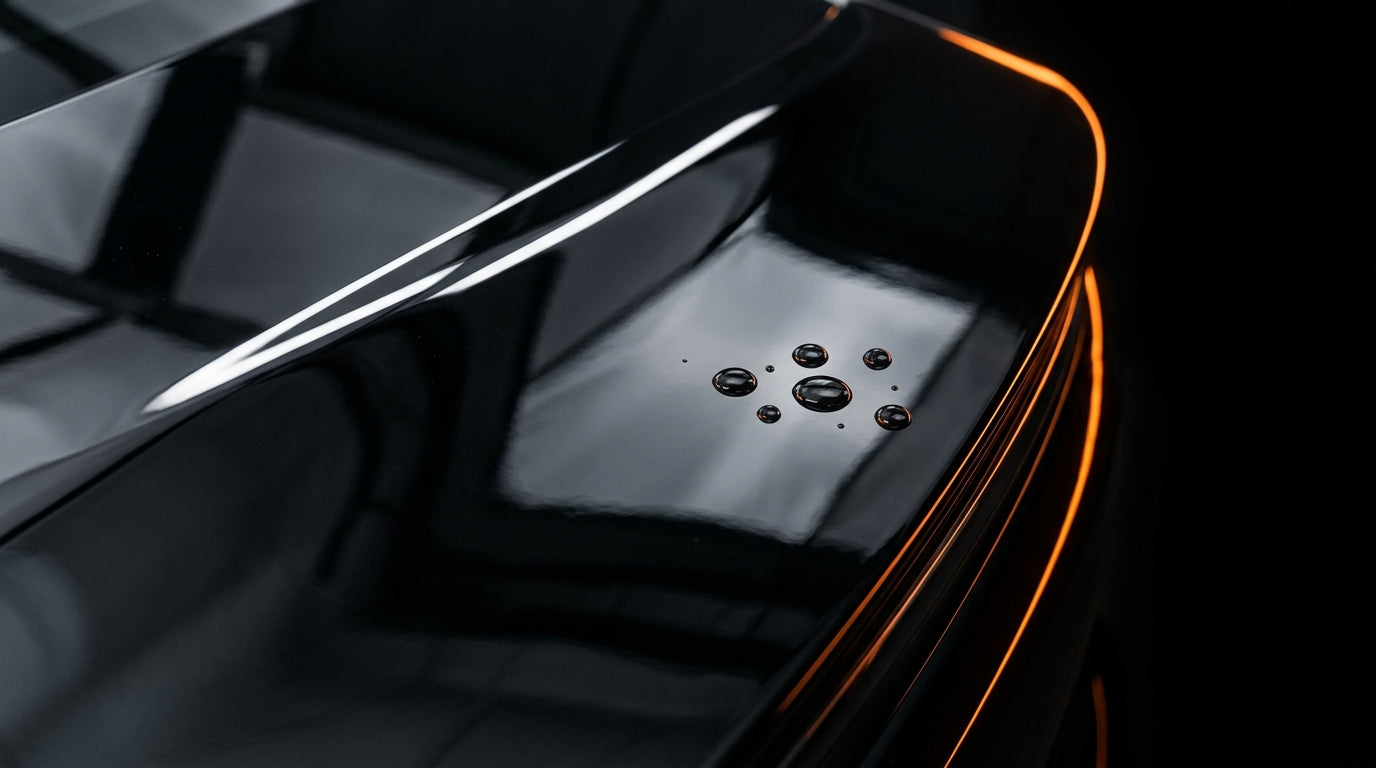 AUREON Clear Gloss PPF: high-gloss film over black paint with water beading