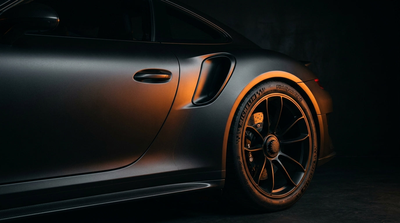 AUREON Stealth Matte 10mil PPF on a matte grey sports car profile