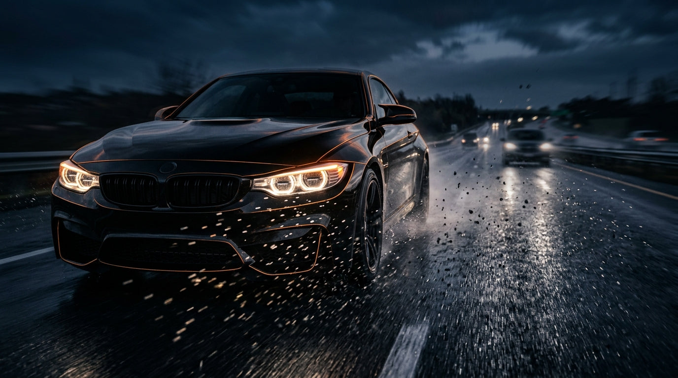 AUREON Clear Gloss 10mil PPF: glossy black car shrugging off road spray and debris at speed