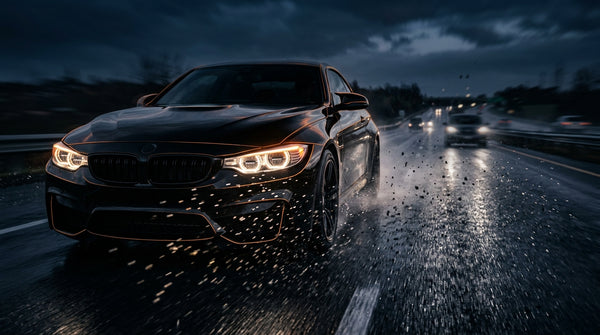 AUREON Clear Gloss 10mil PPF: glossy black car shrugging off road spray and debris at speed